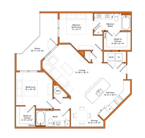 Floor plan for 2 beds, 2 baths, 1139 sqft